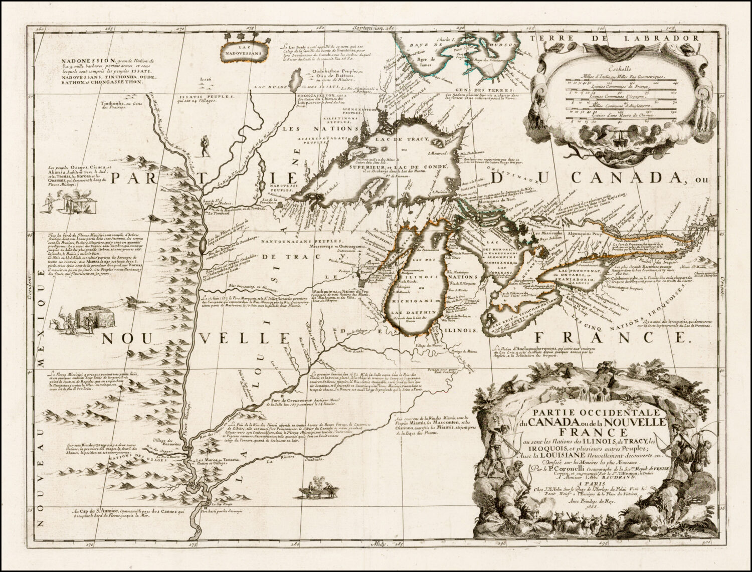 Une carte de la Nouvelle-France telle qu'elle était en 1688 dessinée en noir et gris sur une feuille de papier beige. Nous y voyons les principales rivières, chaînes de montagnes et villes. Une légende est écrite en bas à droite. Nous y lisons le texte suivant : « Partie occidentale du Canada ou de la Nouvelle-France ». Une échelle pour les distances est dans le coin supérieur droit de la carte.