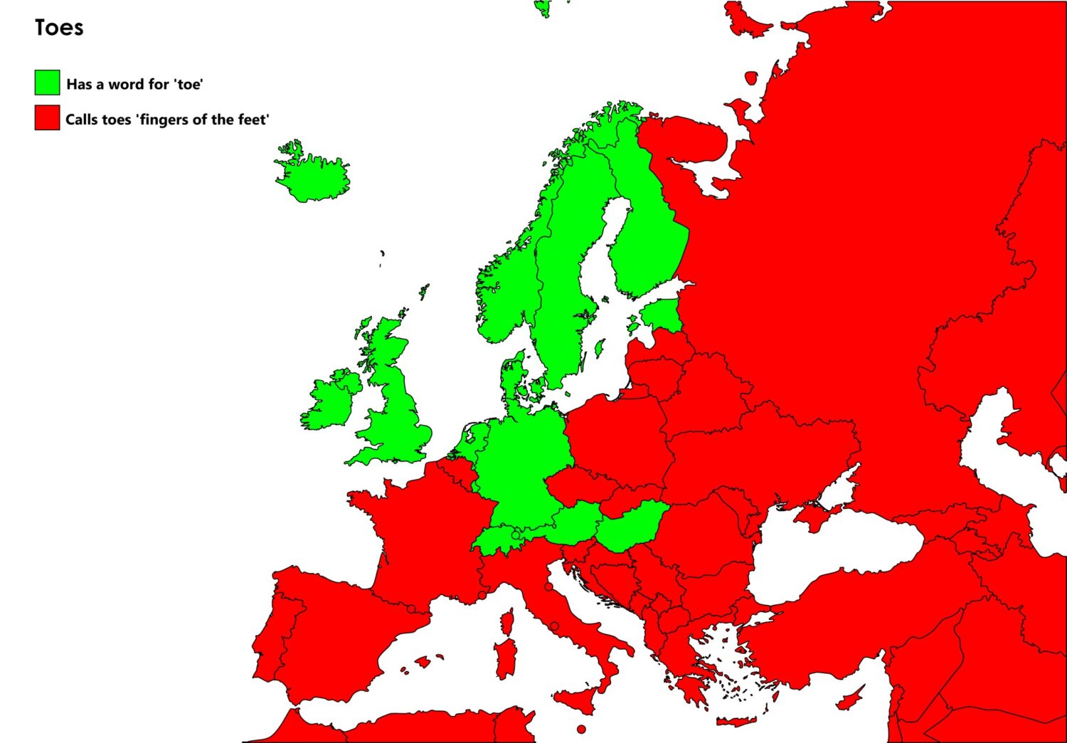 L'image montre une des pays d'Europe qui ont un mot pour « orteil » en vert et ceux qui appellent ces appendis des « doigts de pied » en rouge. Tous les pays sont en rouge sauf les pays scandinaves, le Royaume-Uni, l'Allemagne, les Pays-Bas, la Suisse, l'Autriche et la Slovaquie. 