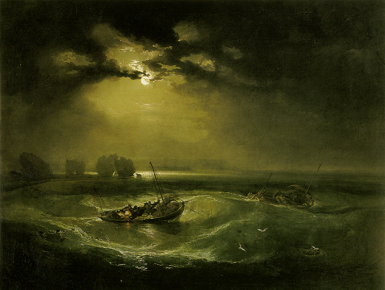 Le tableau montre trois petits bateaux à voile sur une mer houleuse. Ceux-ci se trouvent au milieu du tableau, un plutôt centré et dans la lumière inquiétante d'une lune jaune-vert qui peine à percer les nuages, et les deux autres plus à droite, dans l'ombre. Les côtés de la toile sont sombre et ombrageux, puis le milieu, d'un jaune-vert éclatant et inquiétant. En arrière-plan, quatre petits monticules qui font penser à des roches guettent les bateaux. Sur la barque centrée brille la lumière d'une lampe. 